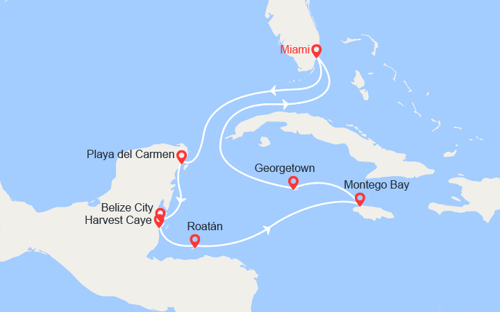 Carte itinéraire croisière Mexique, Honduras, Jamaïque, Iles Caïmans