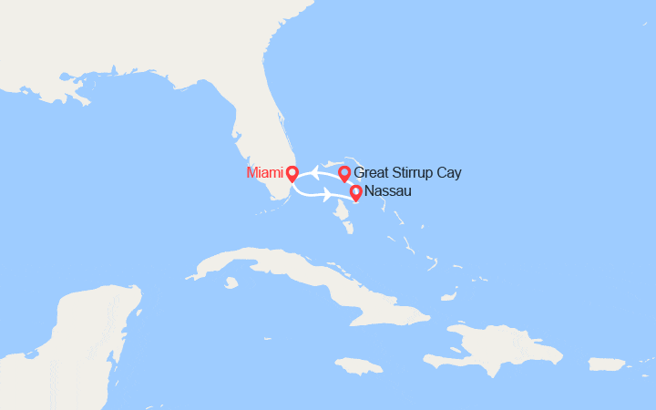 Carte itinéraire croisière Nassau, Bahamas, Great Stirrup Cay au départ de Miami
