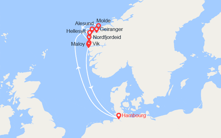 Carte itinéraire croisière Norvège : Alesund, Geiranger, Molde, Nordfjordeid, Maloy, Vik