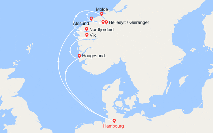 Carte itinéraire croisière Norvège : Alesund, Geiranger, Molde, Nordfjordeid, Vik, Haugesund