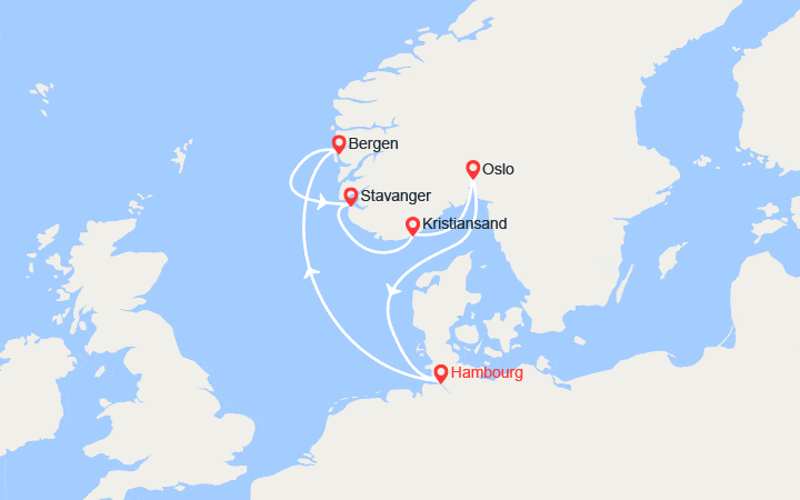 Carte itinéraire croisière Norvège : Bergen, Stavanger, Kristiansand, Oslo