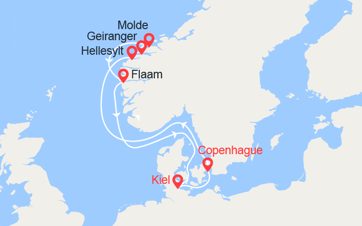 Carte itinéraire croisière Norvège : Hellesylt; Geiranger, Molde, Flam