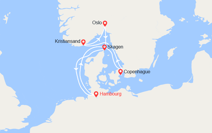 Carte itinéraire croisière Norvège : Kristiansand, Oslo