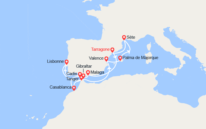 Carte itinéraire croisière Odyssée Méditerranéenne : Espagne, Portugal et Maroc