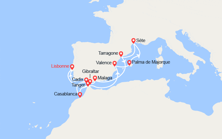 Carte itinéraire croisière Odyssée Méditerranéenne : Espagne, Portugal et Maroc