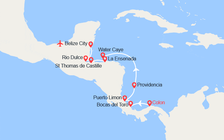 Carte itinéraire croisière Odyssée tropicale en Amérique centrale