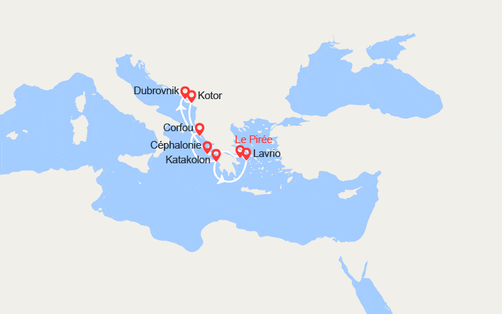 Carte itinéraire croisière Paradisiaque Adriatique : Grèce et Croatie