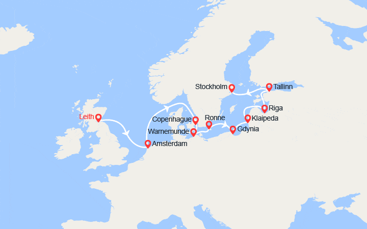 Carte itinéraire croisière Pays-Bas, Danemark, Allemagne, Pologne, Lituanie, Lettonie, Estonie, Suède