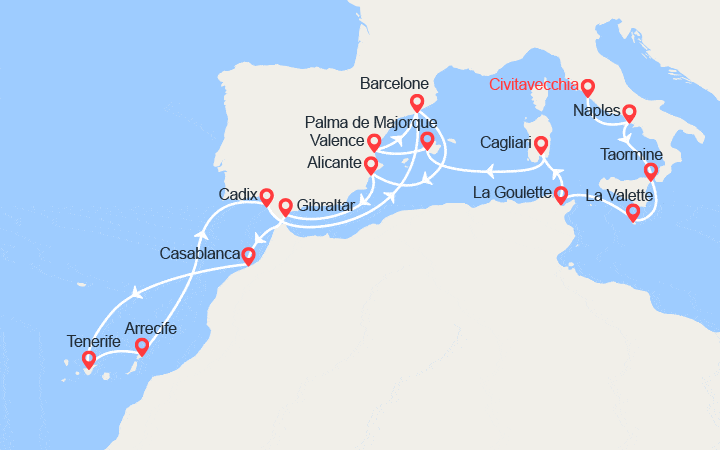 Carte itinéraire croisière Port de Naples, Sicile, Tunisie, Baléares, Espagne, Gibraltar, Maroc, îles Canaries