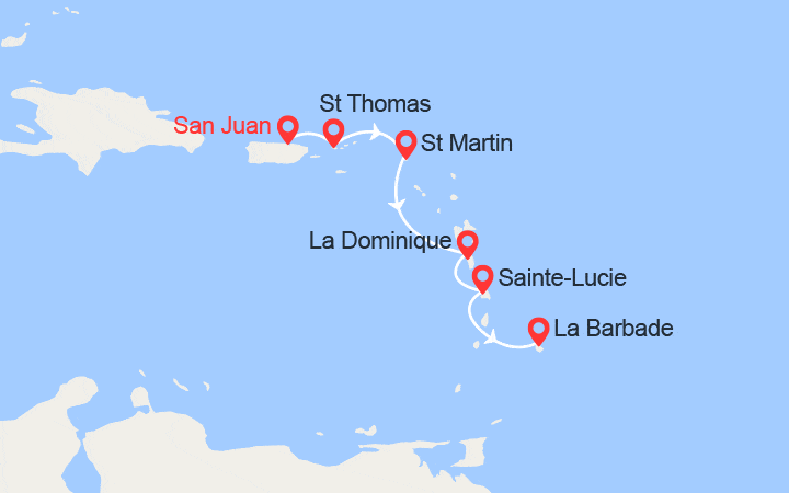 Carte itinéraire croisière Porto Rico, Îles Vierges et Antilles