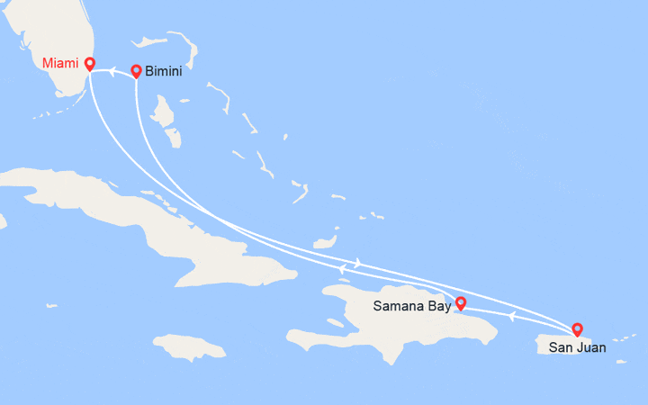 Carte itinéraire croisière Porto Rico, République Dominicaine, Bahamas