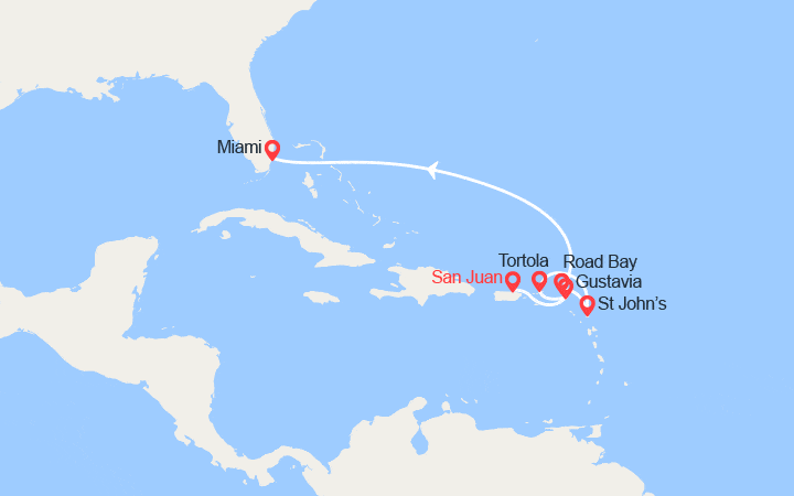 Carte itinéraire croisière Porto Rico, St Barthélemy, Antigua et Barbuda, îles Vierges, Anguilla, États-Unis