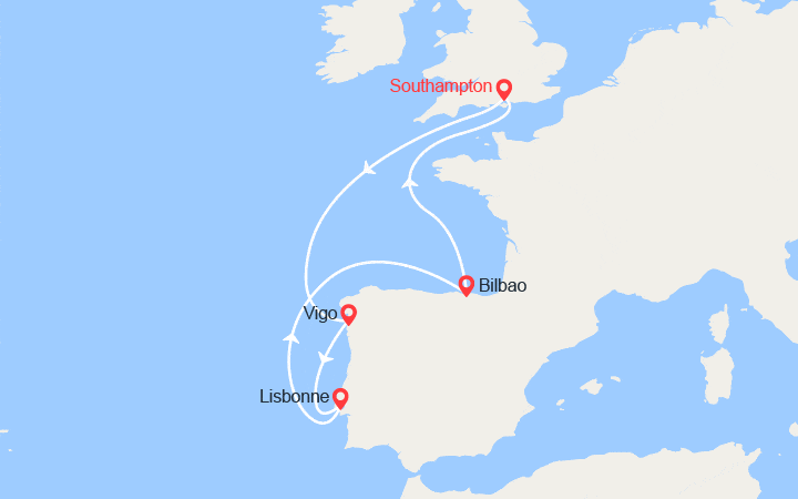 Carte itinéraire croisière Portugal, Espagne au départ de Southampton