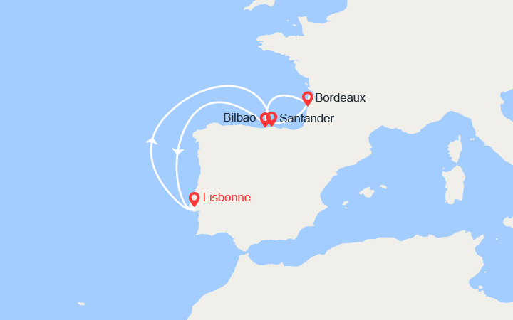 Carte itinéraire croisière Portugal, Espagne, France