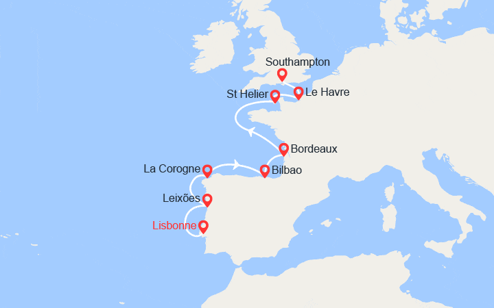 Carte itinéraire croisière Portugal, Espagne, France, Jersey
