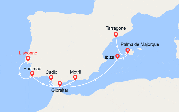 Carte itinéraire croisière Portugal, Espagne, Gibraltar, Baléares