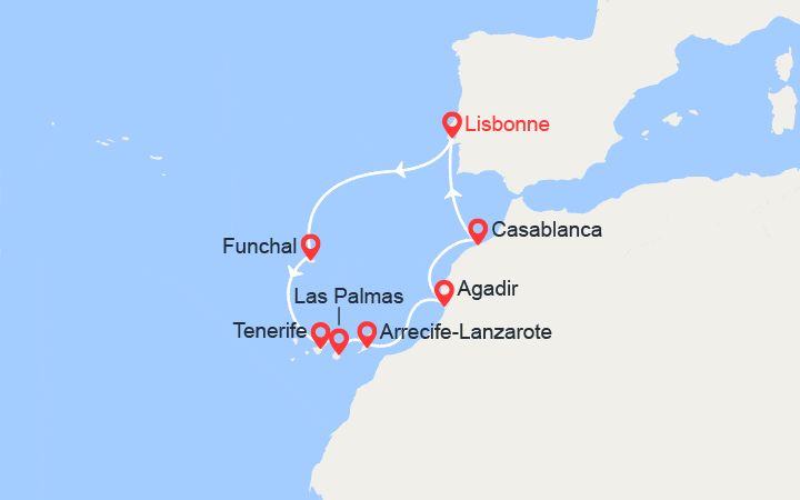 Carte itinéraire croisière Portugal, Espagne, Maroc