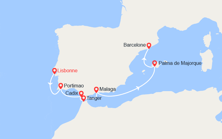 Carte itinéraire croisière Portugal, Espagne, Maroc