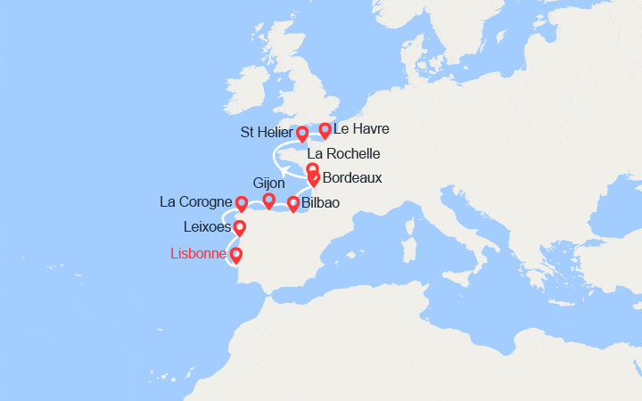 Carte itinéraire croisière Portugal, Espagne, Maroc