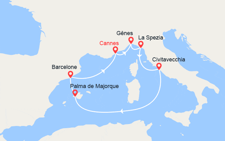 Carte itinéraire croisière Provence, Italie, Baléares