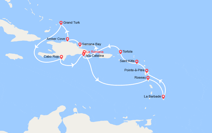 Carte itinéraire croisière Rép. Dominicaine, îles Turks et Caïques, Dominique, Antilles, îles Vierges