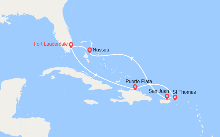 Carte itinéraire croisière Rép. Dominicaine, Iles Vierges, Porto Rico, Bahamas