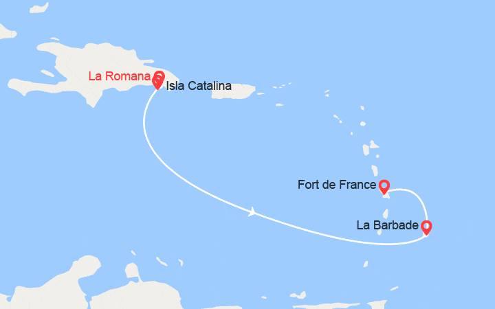 Carte itinéraire croisière Rép. Dominicaine, La Barbade, Martinique