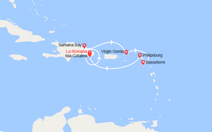 Carte itinéraire croisière République dominicaine, Îles Vierges britanniques, Saint-Kitts-et-Nevis, Pays-Bas
