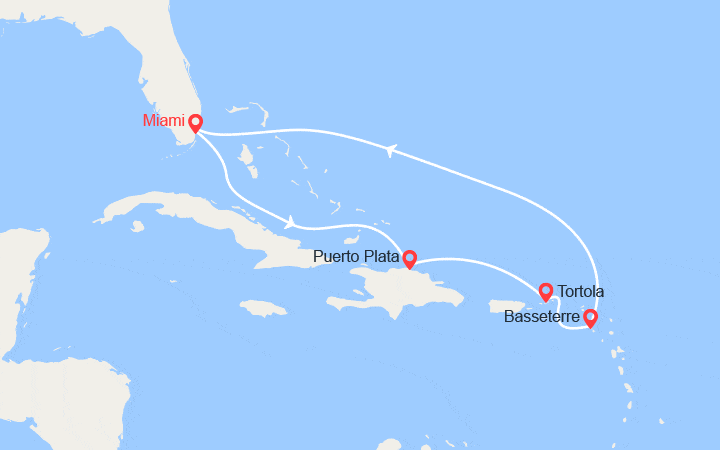 Carte itinéraire croisière République dominicaine, Îles Vierges, Saint-Kitts-et-Nevis