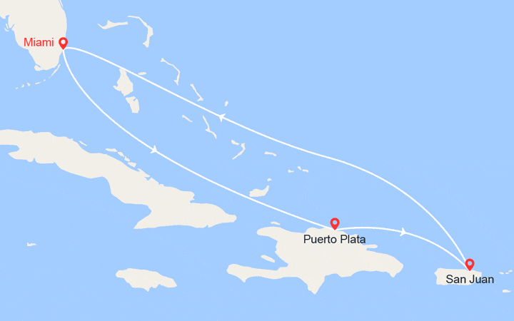 Carte itinéraire croisière République Dominicaine, Porto Rico, Bahamas