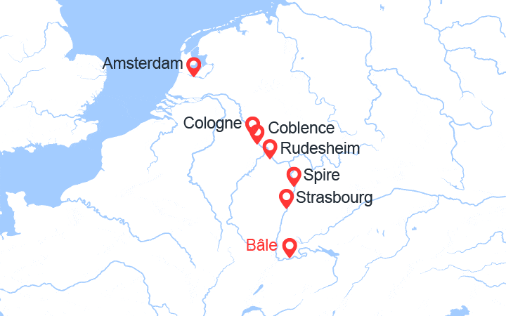 Carte itinéraire croisière Rhin romantique de luxe : de Basel à Amsterdam