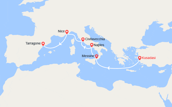 Carte itinéraire croisière Rivieras méditerranéennes : Turquie, Italie, France, Espagne