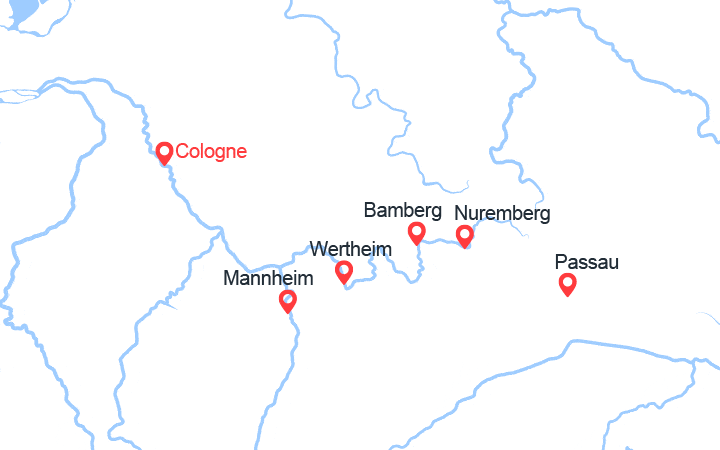 Carte itinéraire croisière Route des vins : Cologne, Francfort, Wurtzbourg,..