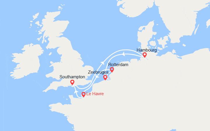Carte itinéraire croisière Royaume-Uni, Allemagne, Belgique, Pays-Bas