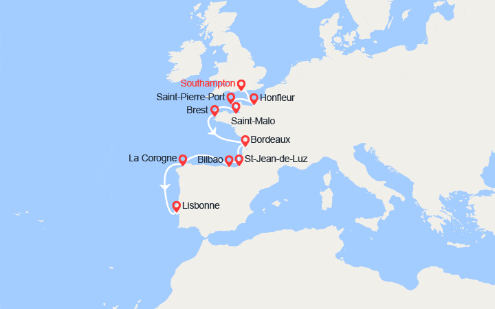 Carte itinéraire croisière Royaume-Uni, Norvège, Danemark