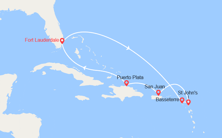 Carte itinéraire croisière Saint-Kitts-et-Nevis, Antigua, Porto Rico, Dominique
