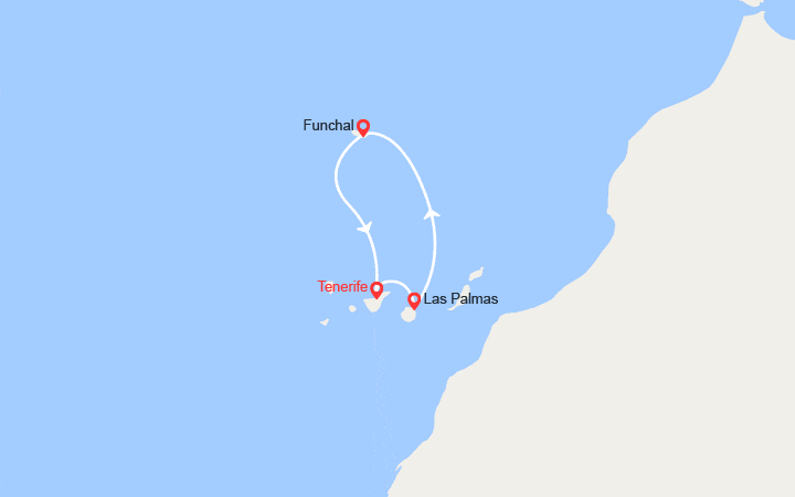 Carte itinéraire croisière Santa Cruz de Tenerife, Las Palmas, Funchal