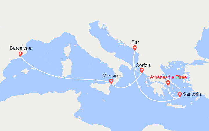Carte itinéraire croisière Santorin, Corfou, Espagne, Italie