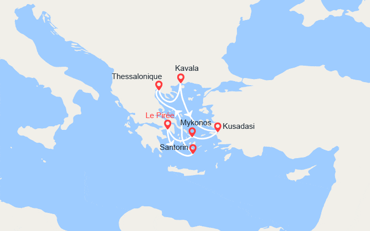 Carte itinéraire croisière Santorin, Thessalonique, Kavala, Ephèse, Mykonos