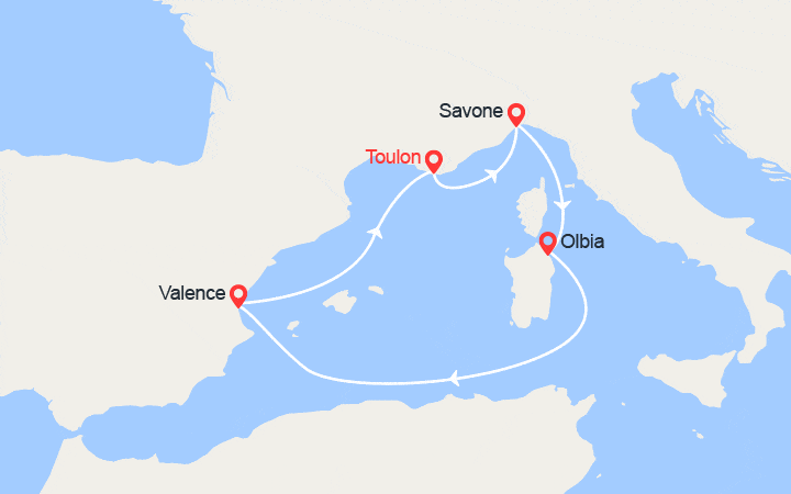 Carte itinéraire croisière Sardaigne et Espagne