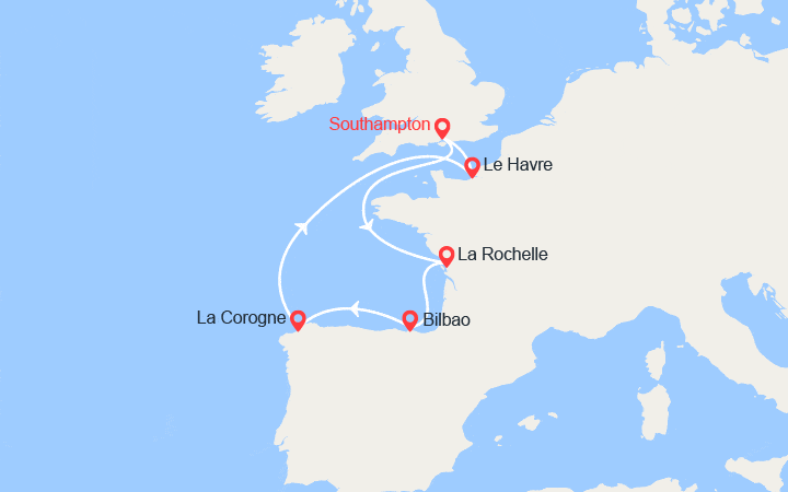 Carte itinéraire croisière Southampton, La Rochelle, Bilbao, La Corogne, Le Havre