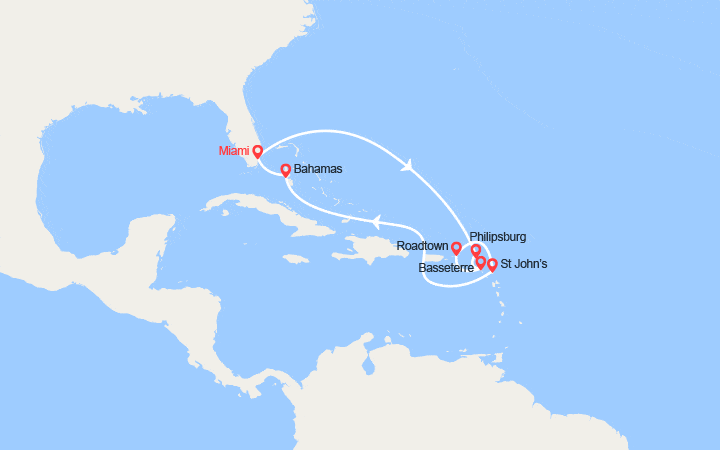 Carte itinéraire croisière St Maarten, St Kits, Iles Vierges, Antigua, Bahamas