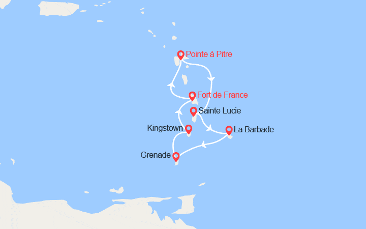 Carte itinéraire croisière Ste Lucie, Barbade, Grenadines, Grenade