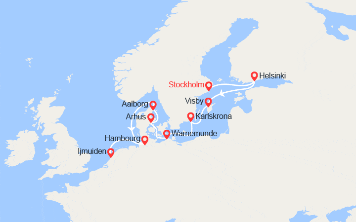 Carte itinéraire croisière Suède, Finlande, Allemagne, Danemark, Pays-Bas