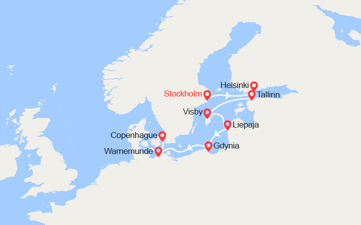 Carte itinéraire croisière Suède, Finlande, Estonie, Lettonie, Pologne, Allemagne
