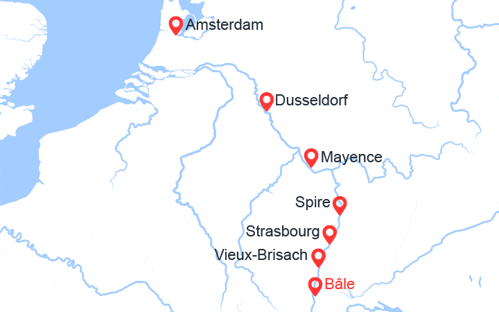 Carte itinéraire croisière Suisse, Allemagne, France, Pays-Bas