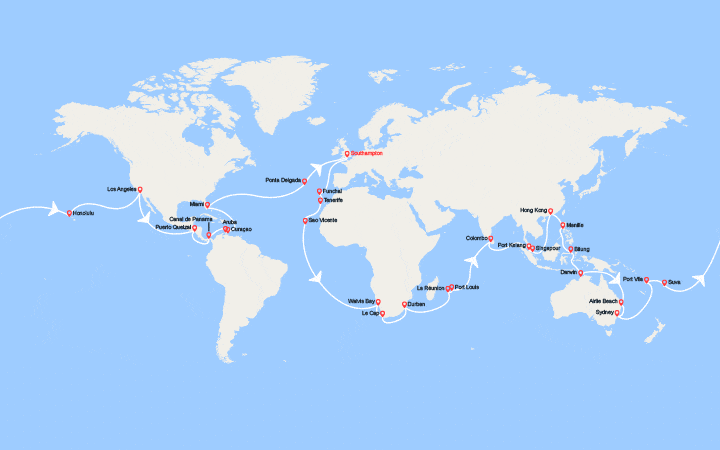 Carte itinéraire croisière Tour du monde 2026 au départ de Southampton