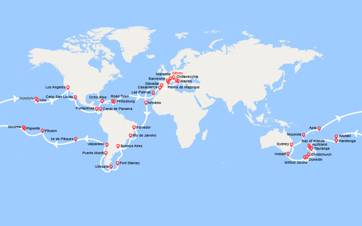 Carte itinéraire croisière Tour du Monde 2027 au départ de Gênes