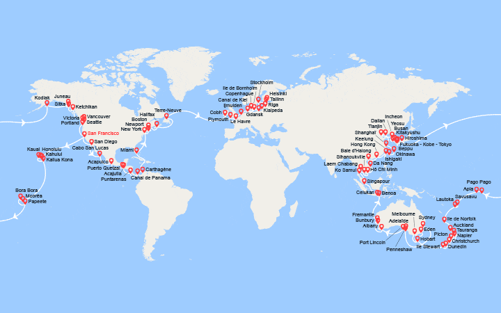 Carte itinéraire croisière Tour du Monde 2027 : de San Francisco à Copenhagen
