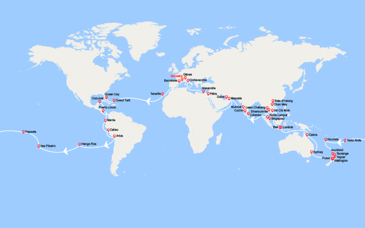 Carte itinéraire croisière Tour du Monde 2028 au départ de Marseille